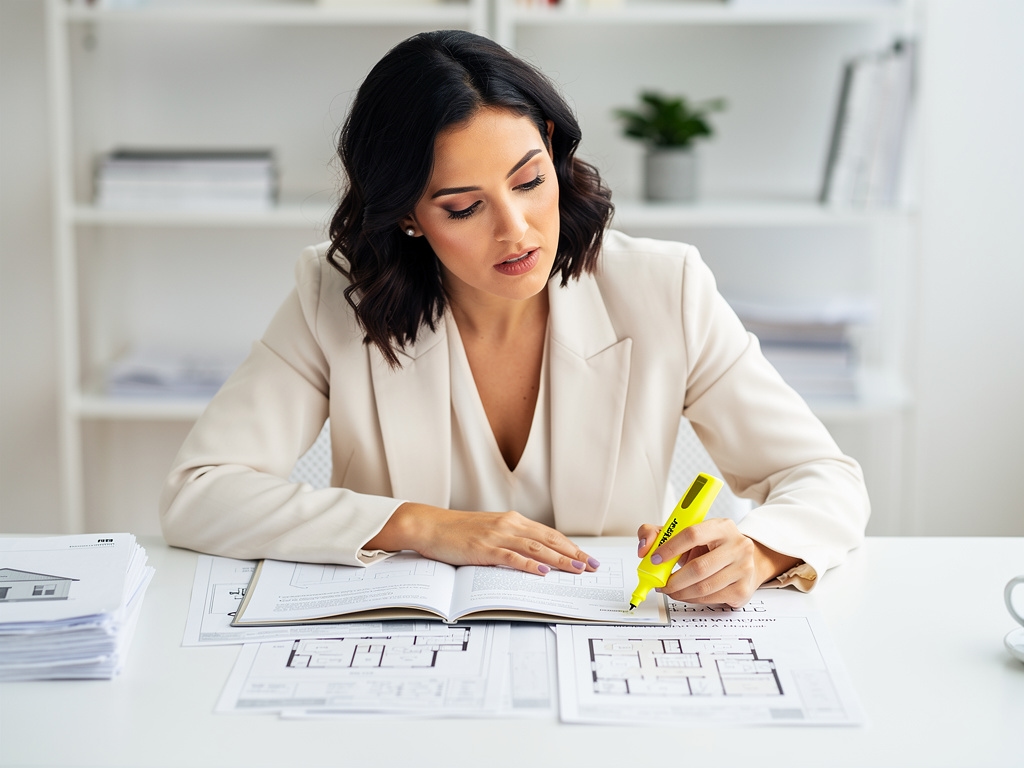 Person liest Immobiliendokumente am Schreibtisch