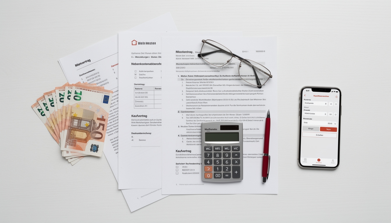 Immobilienunterlagen und Taschenrechner auf hellem Schreibtisch