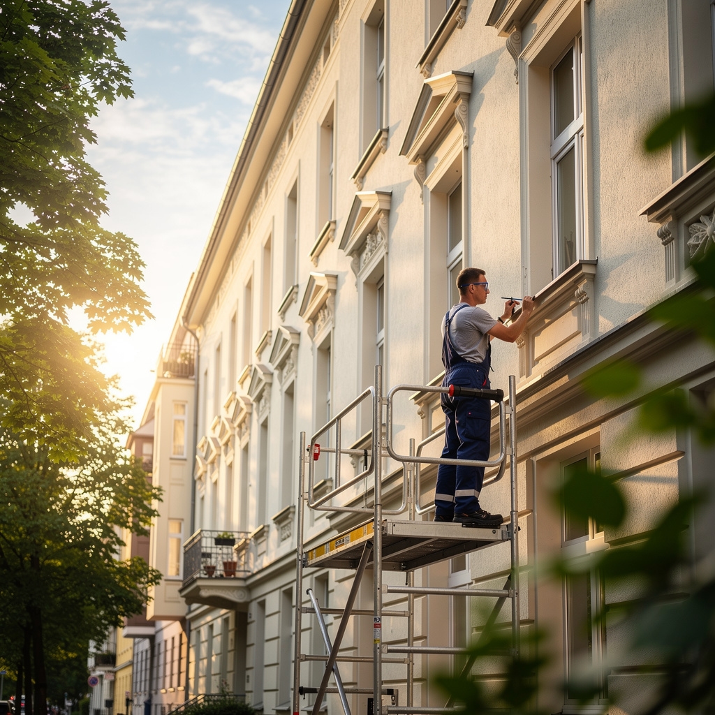 Handwerker bei Instandhaltungsarbeiten an einem Wohngebäude